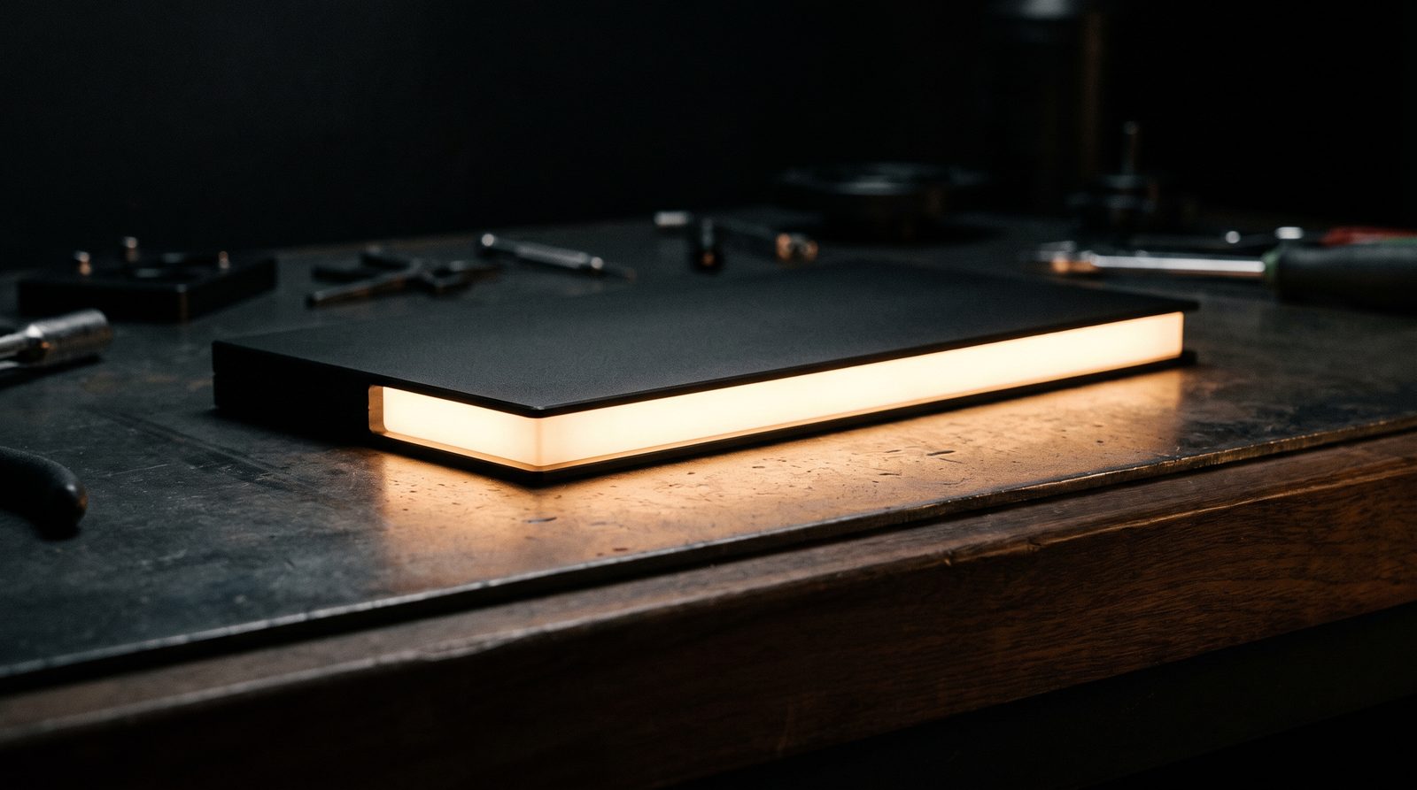 Glowing amber LED light against a dark background